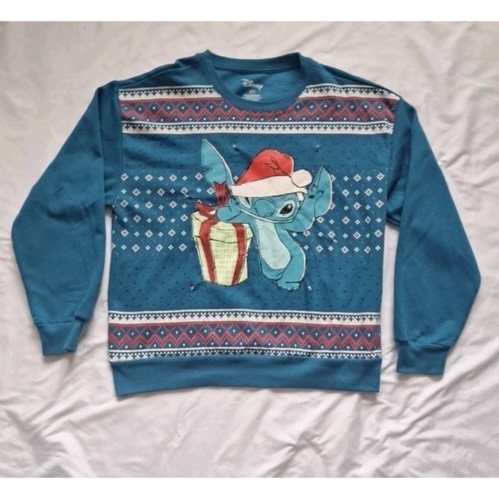 Disney Stitch Blue Merry Stitchmas Light Up Christmas Sweater M(7-9)